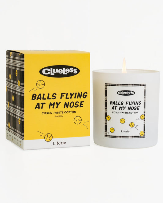 Literie Clueless Inspired Scented Candle: Balls Flying at My Nose - Citrus and White Cotton Scent, 9oz, 50 Hour Burn, Vegan Soy & Coconut Blend Candle for Home Decor, Gift for Women & Men