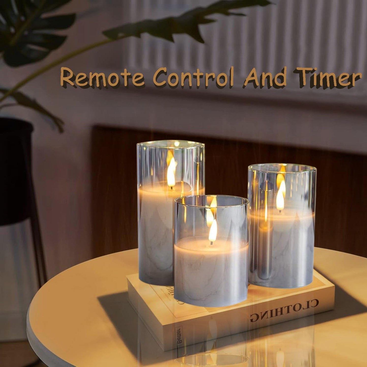 GPTMCZL Remotely Glass Battery Operated Candles, Grey Led Flameless Candles, with Remote and Timer Realistic Operation of LED Candle Light, Used for Party, Wedding, Festival Decoration(Pack of 3)
