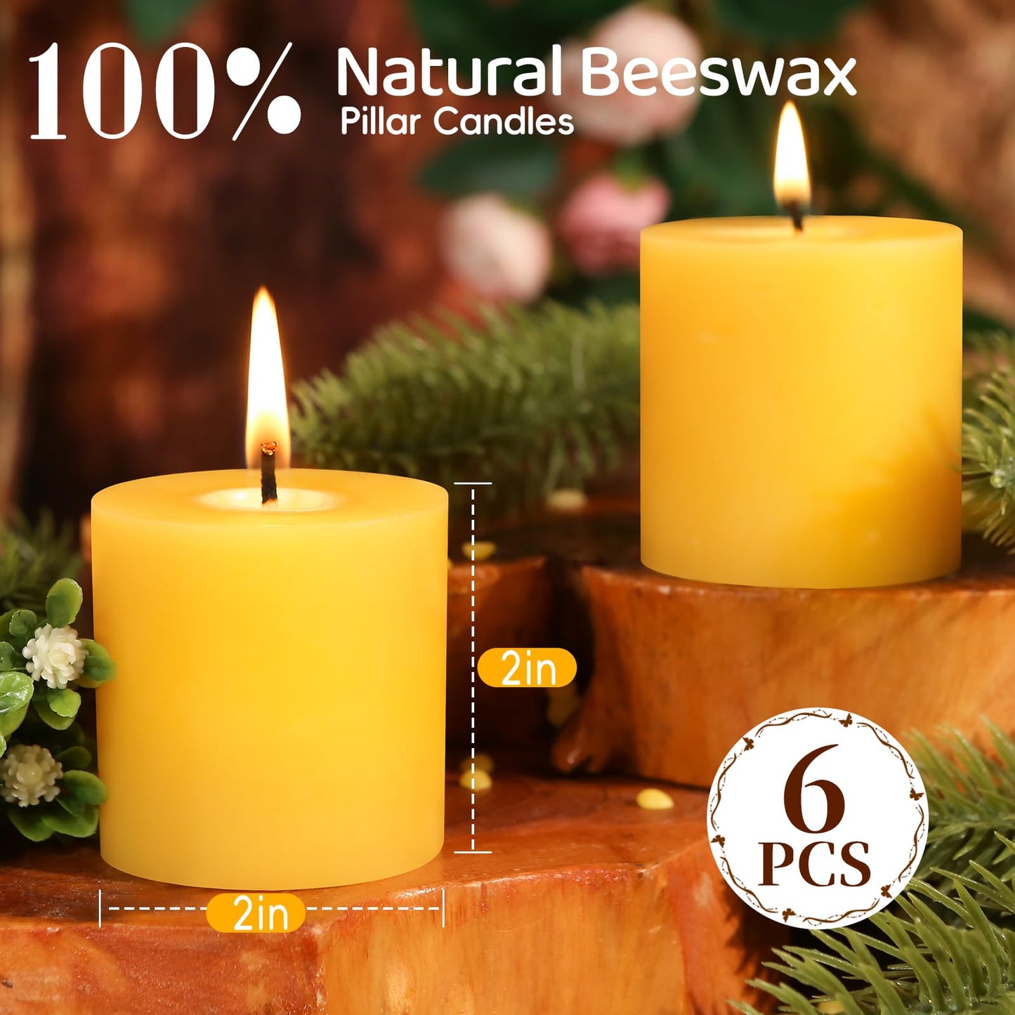 2x2 in Beeswax Pillar Candle- 6pcs, 120-Hour Burn Time Beeswax Candles, Natural Honey Scent, Bees Wax Candles for Meditation, No Odor, Burning Releases Negative Ions to Purify the Air