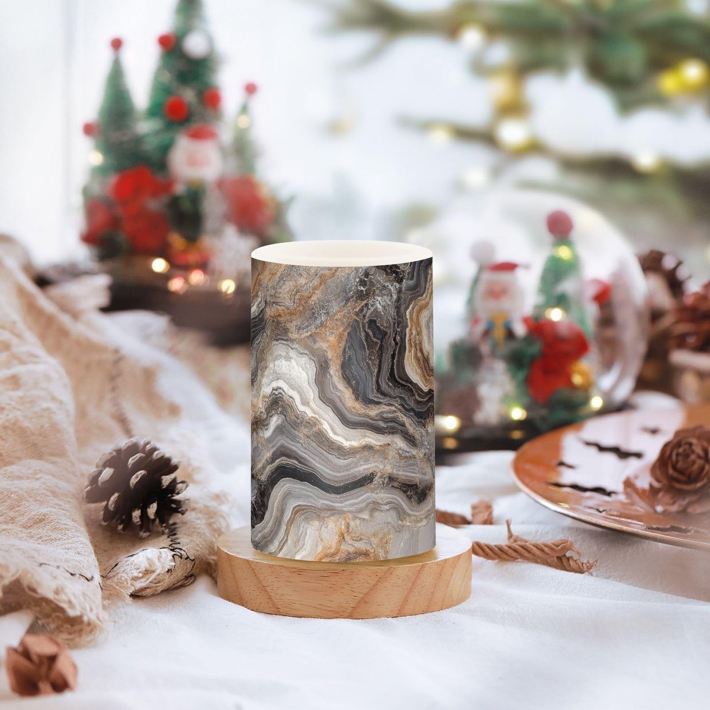 ZRYSMY Abstract Brown Gray Marble Flameless LED Candles with Remote - Set of 2, 3 Inch Battery-Operated Flickering Pillar Candles with Timer, No Batteries Included