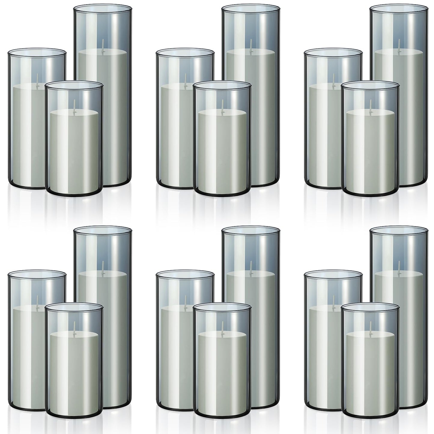 Shihanee 36 Pcs Pillar Candles and Glass Cylinder Vases Tall Cylinder Holders for Pillar Candles Wedding Centerpieces, Total 18 Sets(2.6'' X 4.7'', 5.9'', 7.9'',Smoke Gray,White)