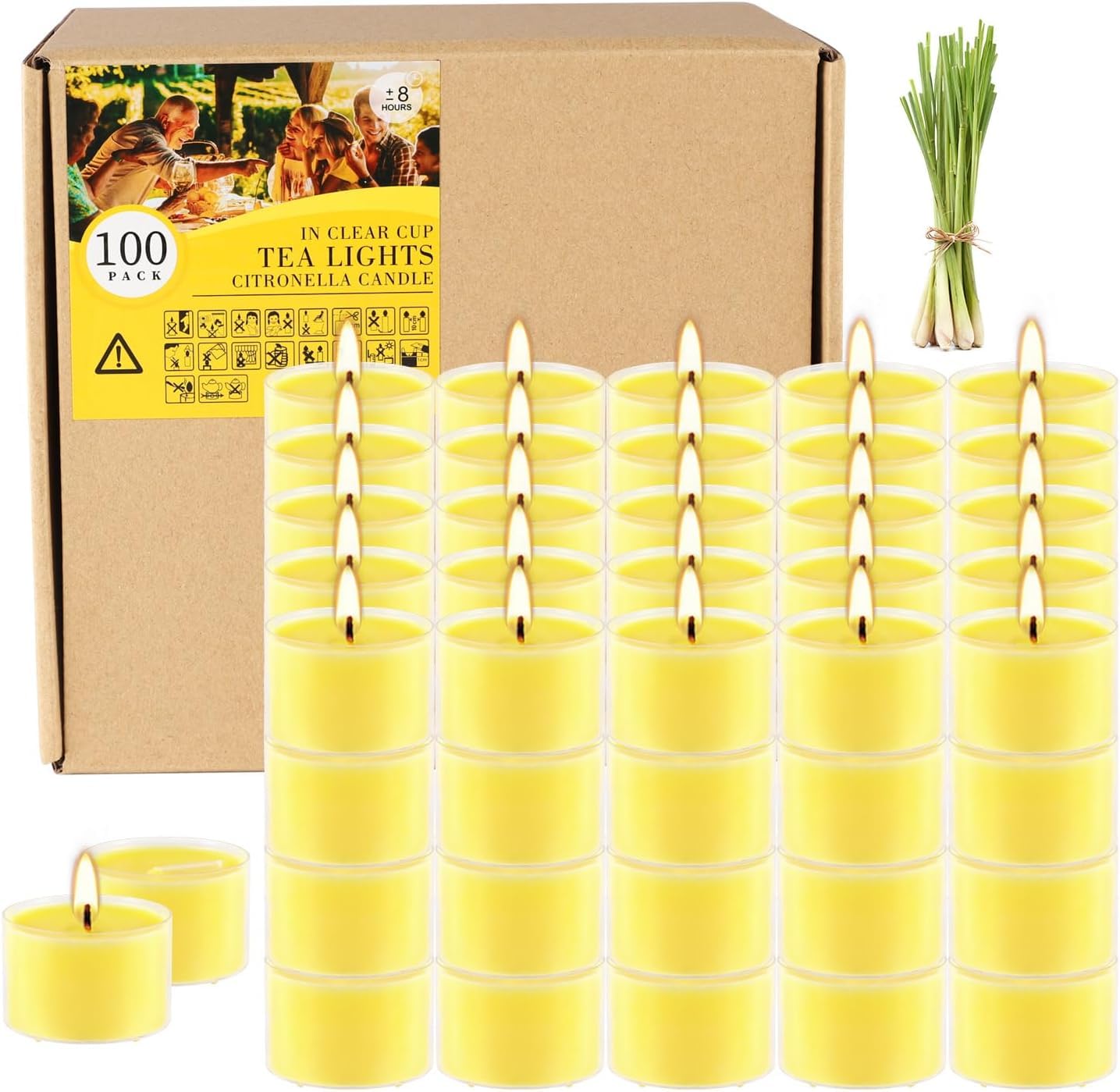 Fclayvts 8-Hour 100 Pack Citronella Tealight Candles, Outdoor and Indoor Summer Scented Candle,Natural Soy Wax Candle for Home Patio Garden Yard Balcony,BBQ Birthday Emergency