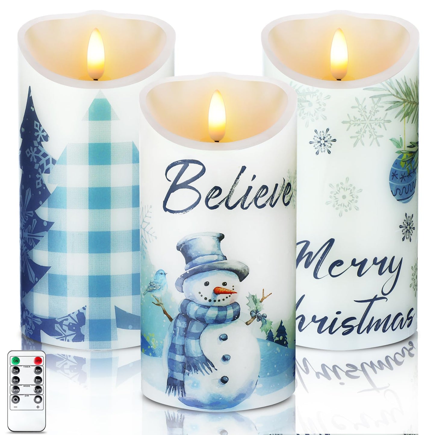 ROCEEI 3 Pcs Christmas Snowflake Style Candles Battery Operated LED Candles Winter Christmas Snowflake Style Pillar Flickering Real Wax Decorations for Indoor Table Decor Xmas Gifts Holiday Party