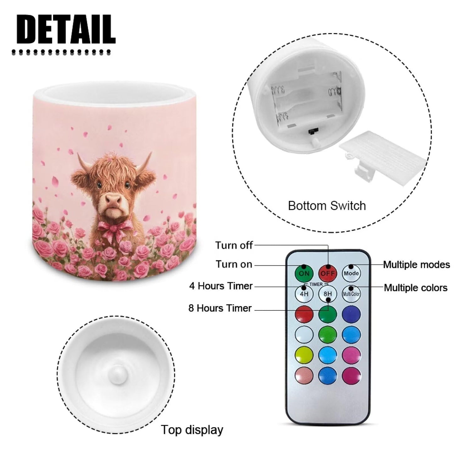Merkmak Valentines Day Flickering Flameless Candles with Remote and Timer Battery Operated Candles Pink Rose Highland Cattle Print 4Pcs LED Pillar Tea Lights for Home Decor
