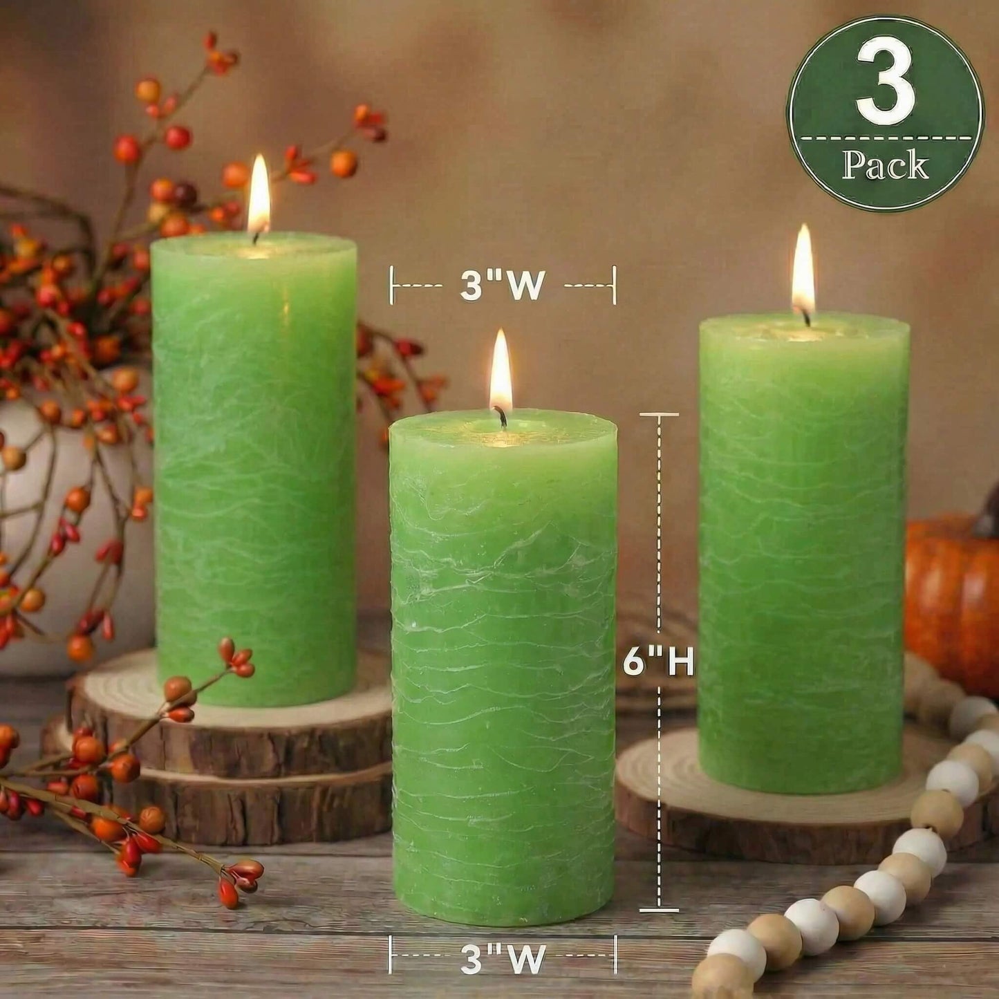 Richland Set of 3 Pillar Candles 3" x 6" Unscented (Green Rustic) for Weddings Home Holidays Relaxation Spa Church
