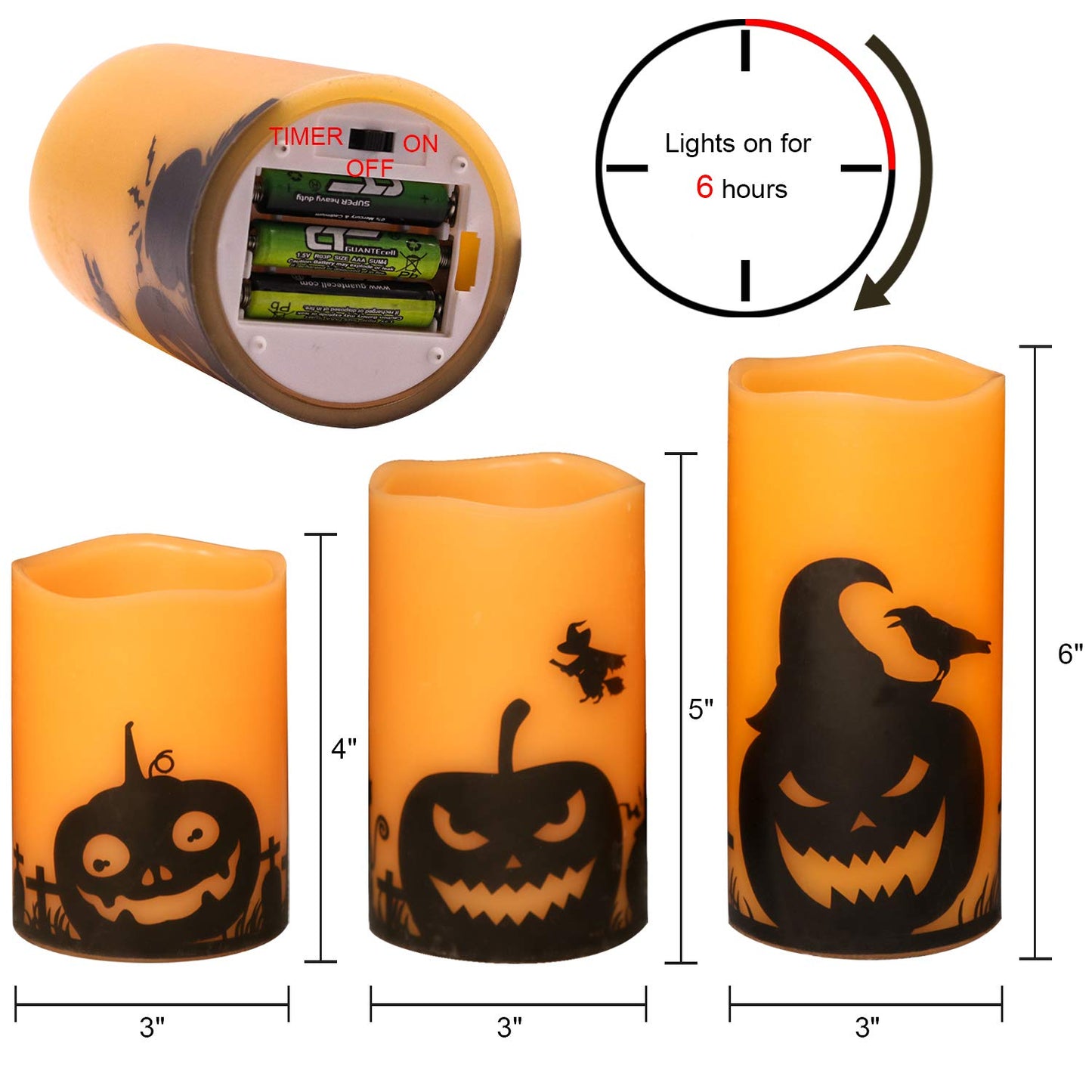 GenSwin Halloween Pumpin Flameless Candles, LED Battery Operated Pillar Pumpkin Candles with 6H Timer, 3 Pack LED Flickering Candles for Fall Spooky Halloween Decoration(D3 xH4 5" 6")