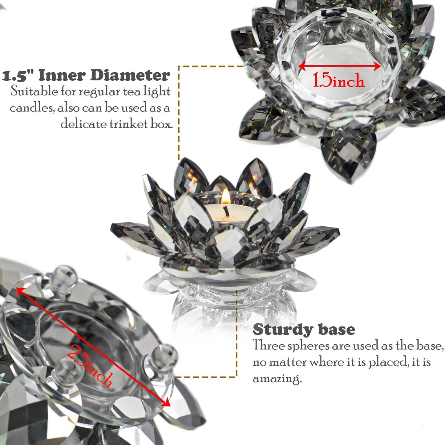 Lotus Black Crystal Tea Candle Holder Crystal Wishing Tealight Candlestick Stand Exquisite Desktop Decoration Holiday Celebration Wedding Restaurant Party Atmosphere Decoration (4 Pcs, Dark Grey)