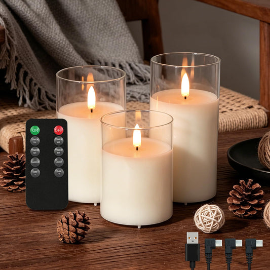 Rechargeable Flameless Glass Pillar Candles – Real Wax Flameless Candles Home Decorations,–Set of 3, Realistic Flickering LED Light,Remote & Timer, Ideal for Living Room, Bedroom & Festival Décor