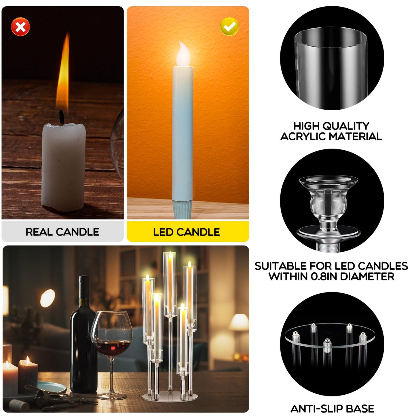 Dandat 2 Pack 5 Arms Acrylic Candelabra Candle Holder Clear Candelabra Centerpieces for Wedding, Crystal Candlesticks Pillar Taper Candlesticks for Living Room Dinner Table Decoration Fit LED Candle