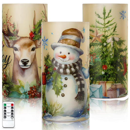 ROCEEI 3 Pcs Winter Retro Candles Vintage Style Battery Operated LED Candles Winter Retro Pillar Flickering Real Wax Decorations for Indoor Table Decor Happy New Year Gifts Holiday Party