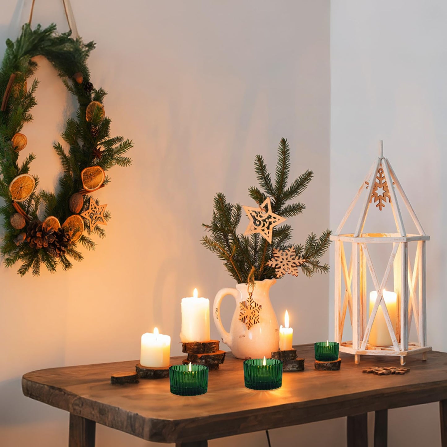 Jollyhilan 6 Pack Glass Candle Holder,Round Glass Candle Tray Ribbed Tealight Holders for Votives, Floating Candles Table Centerpieces Wedding Home Decor,Green