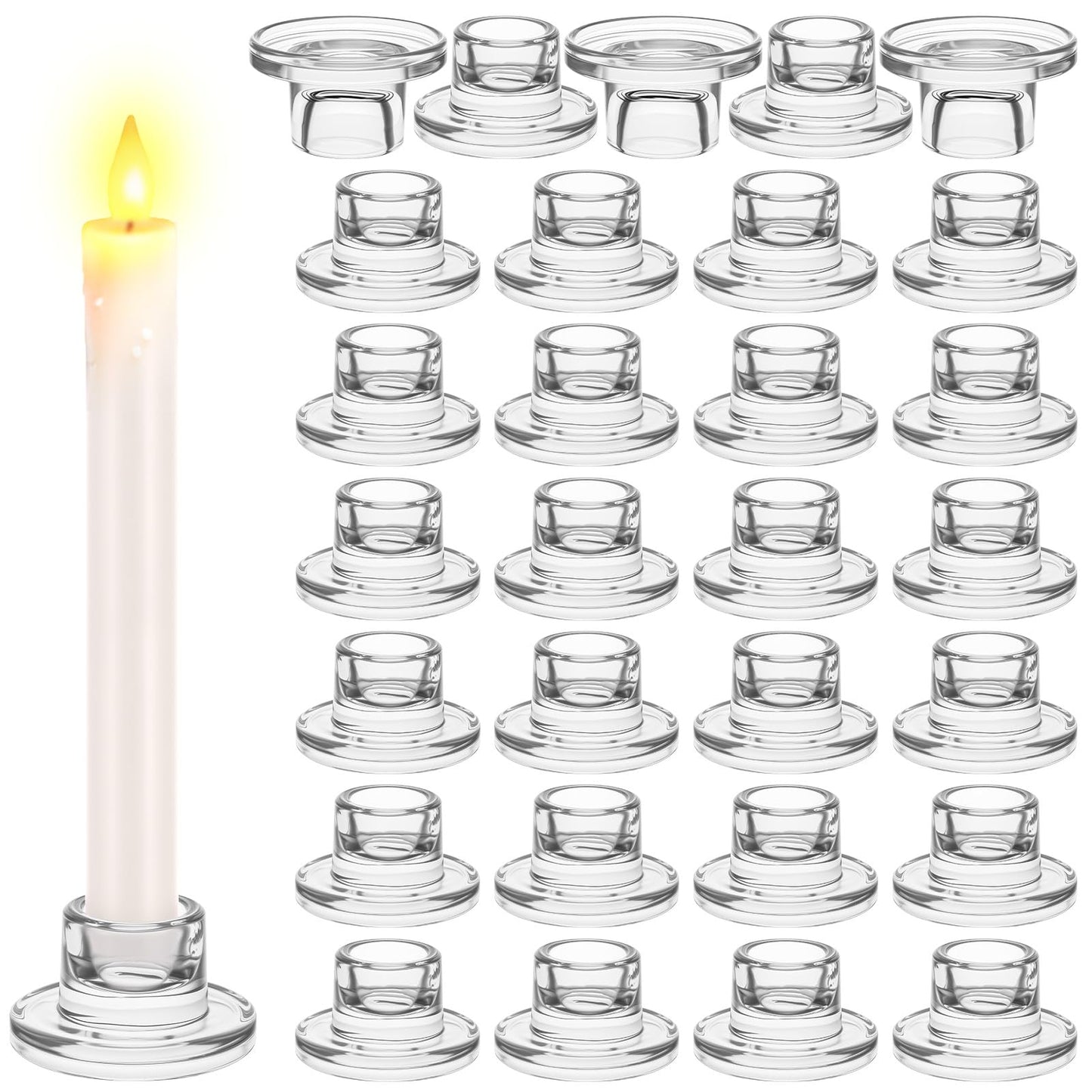 30 Pcs Glass Taper Candle Holders Candlestick Holders Clear Short Tapered Candle Holder Bulk, Elegant Glass Candle Sticks Set for Wedding Christmas Table Centerpiece Clear