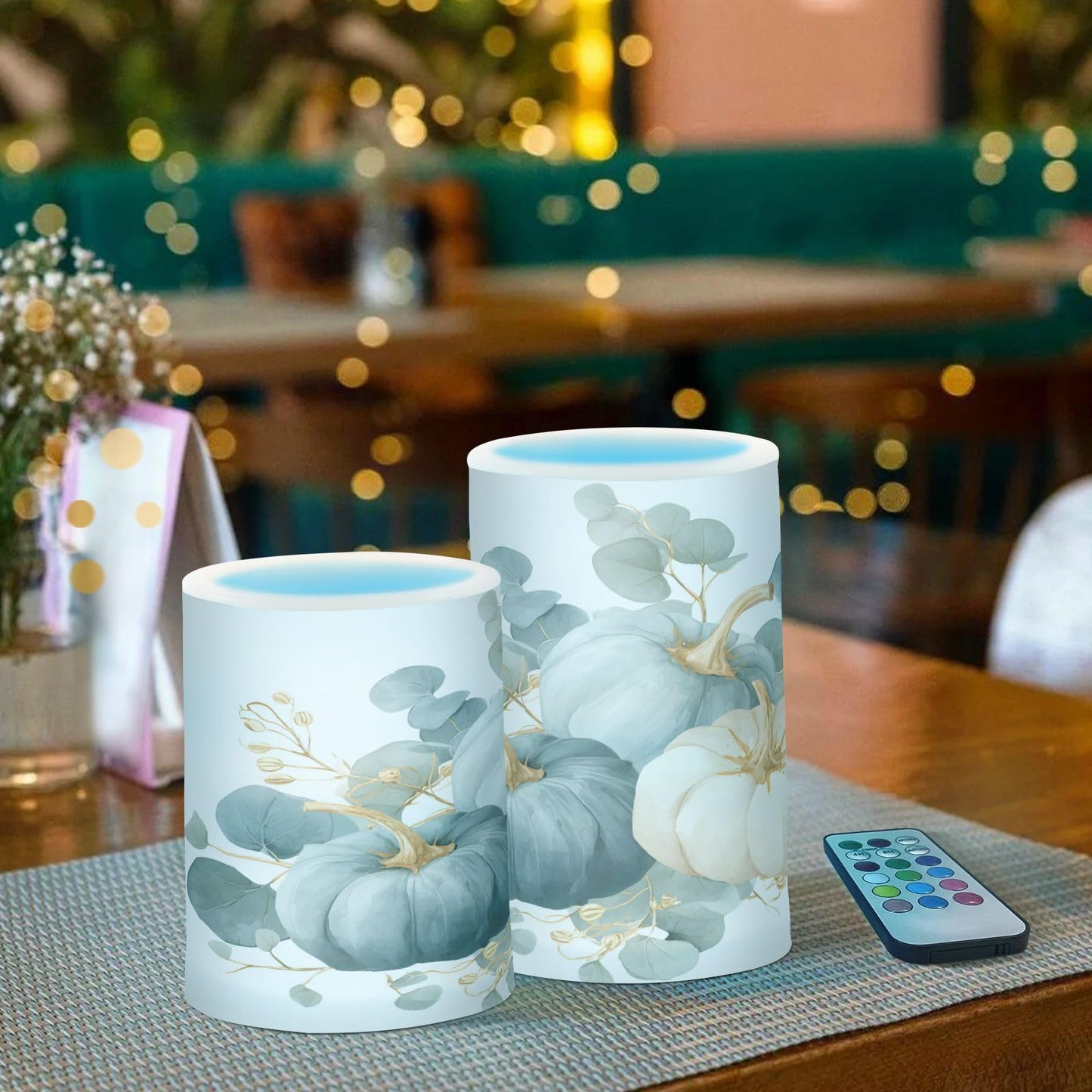 ALAZA Fall Blue Pumpkin Thanksgiving Flickering Flameless Candles Battery Operated with Remote Timer,Tea Light Candles LED Pillar Votive Candles Set of 2 for Outdoor Indoor Decorations