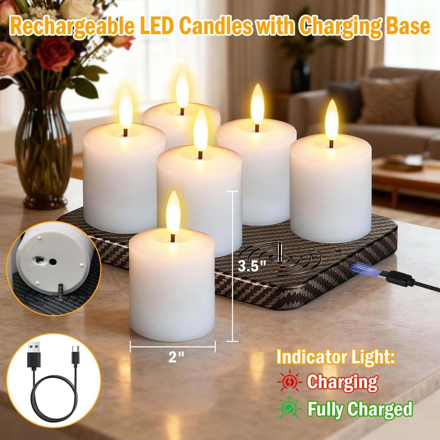 GenSwin Rechargeable Votive Candles Battery Operated with Charging Base, 6 Pack LED Flameless Battery Votive Candles with Remote Timer(White, Real Wax, 2 x 3.2 Inch)