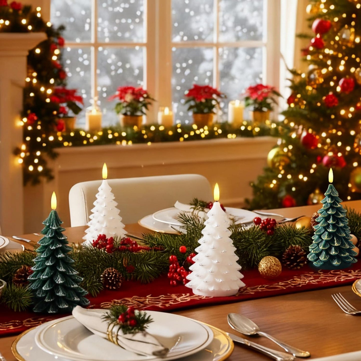 ARIKJ Christmas Decorations Indoor, Christmas Decor - Christmas Tree Candles Battery Operated, Flameless LED Candle Lights with 6H Timer, Xmas Home Decor, Set of 2(Green)