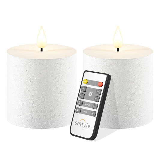 smtyle Vintage White Flickering Flameless Plastic Pillar Candles 3"x3" Set of 2 Battery Operated with Timer Electric Wedding LED Candles for Tables Bathroom Decor