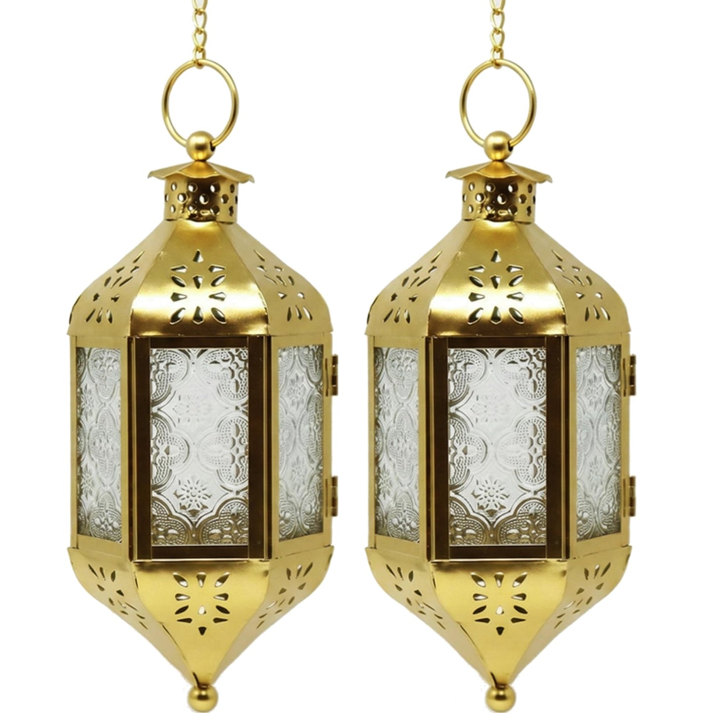Vela Lanterns Hanging Moroccan Lamp - Exotic Decorative Patio & Porch Decor, Indoor Outdoor Tea Light Candle Lantern Holder with Chain (11" Medium, Gold, 2-Pack)