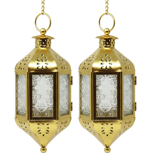 Vela Lanterns Hanging Moroccan Lamp - Exotic Decorative Patio & Porch Decor, Indoor Outdoor Tea Light Candle Lantern Holder with Chain (11" Medium, Gold, 2-Pack)