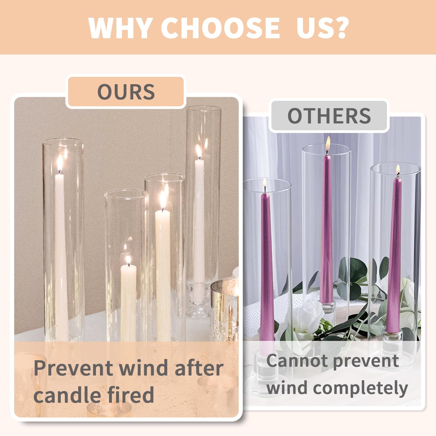 CHILL RECIPE Hurricane Glass Candle Holders-Set of 6 Tall Taper Candle Holder with 14” Tall Clear Cylinder Covers for Wedding Table Centerpiece Home Decor (Floral Base+Clear Chimney)