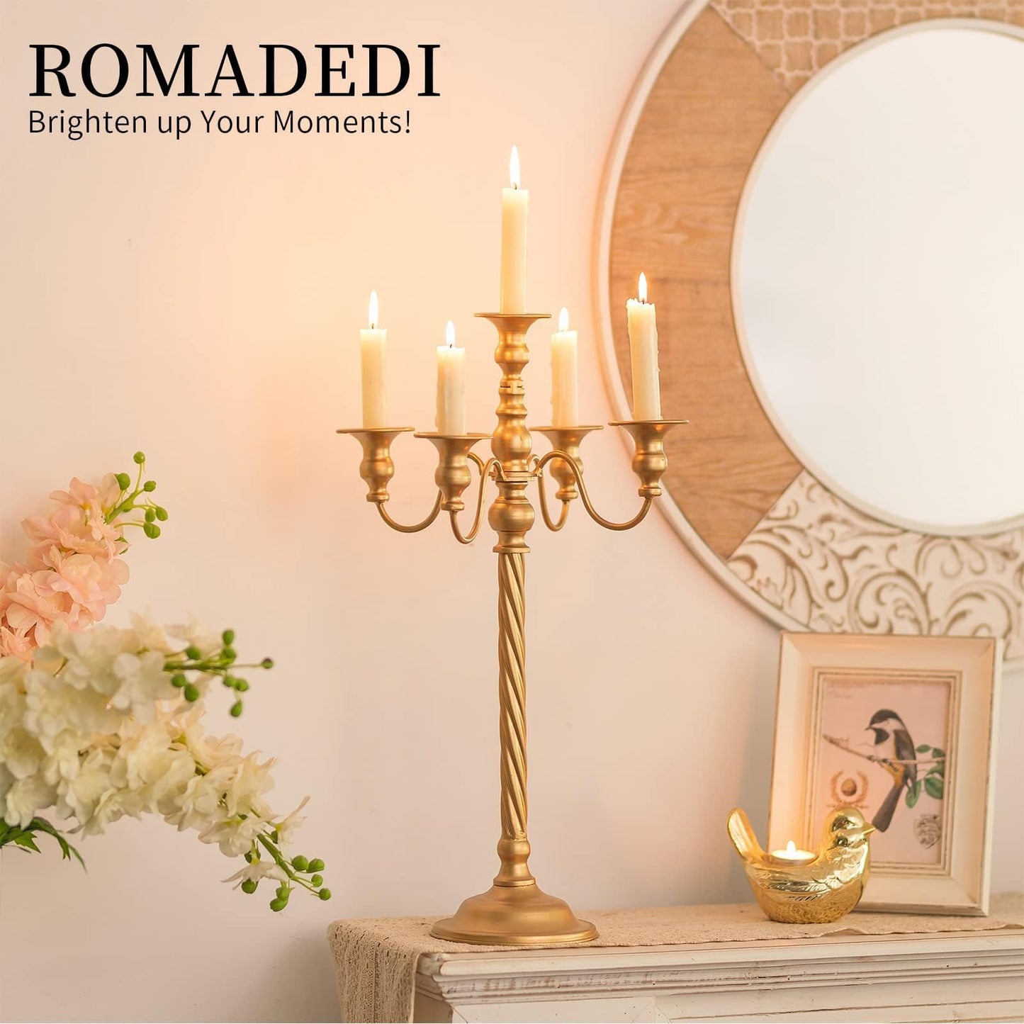 Romadedi Candelabra Gold Candle Stand: 21'' Tall 5-Branch Candlestick Holder for Wedding Centerpiece Decor Christmas Holiday Event Reception Decoration, Set of 2