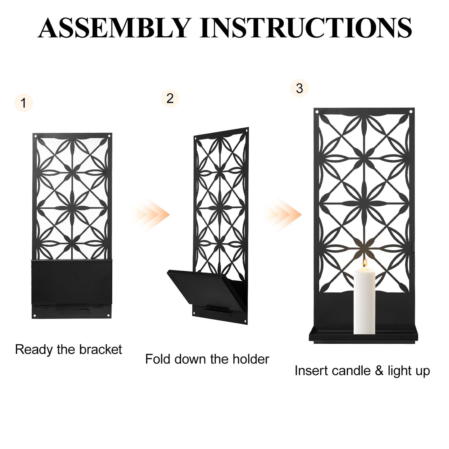 Doodlream 2 Pack Candle Wall Sconces, Retro Black Metal Wall Candle Holders, Foldable Floating Shelves with Rectangle Floral Geometric Back, Farmhouse Wall Decor for Entryway Living Room Bedroom