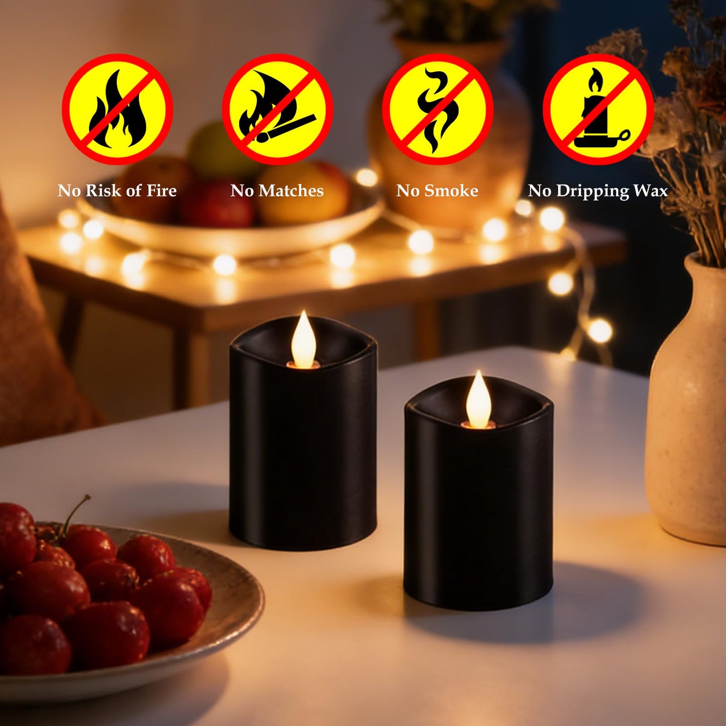 Woocodowe Black Flameless LED Candles - 3" x 4" Real Wax, Battery Operated with Remote Timer, 3D Flickering, Lasts 600+ Hours, Halloween & Christmas Deco (Black, 3"*4"-2pcs)