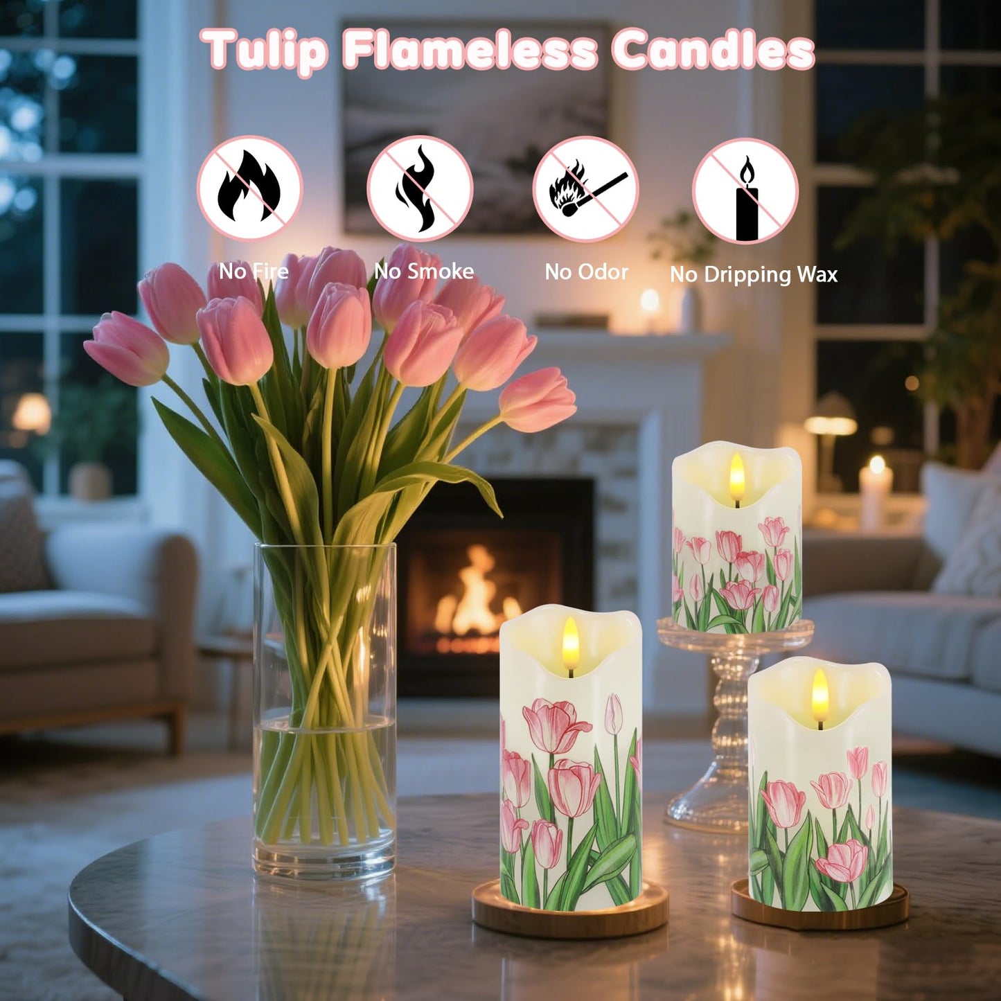 VEEKI Flameless Candles Light, Set of 3 Flickering Tulip Pillar Candles with Remote & Timer, Dimmable Real Wax Electric LED Candles Battery Operated, Mother's Day Birthday Gift for Mom Grandma Women