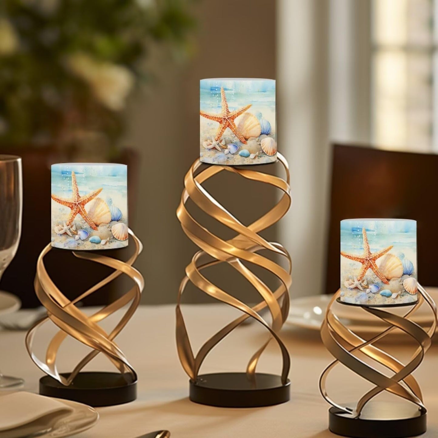 NETILGEN Beachside Starfish Print Flameless LED Candles with Remote Timer Set of 4 Home Decorative Realistic Flickering Flameless Candles with Battery Powered
