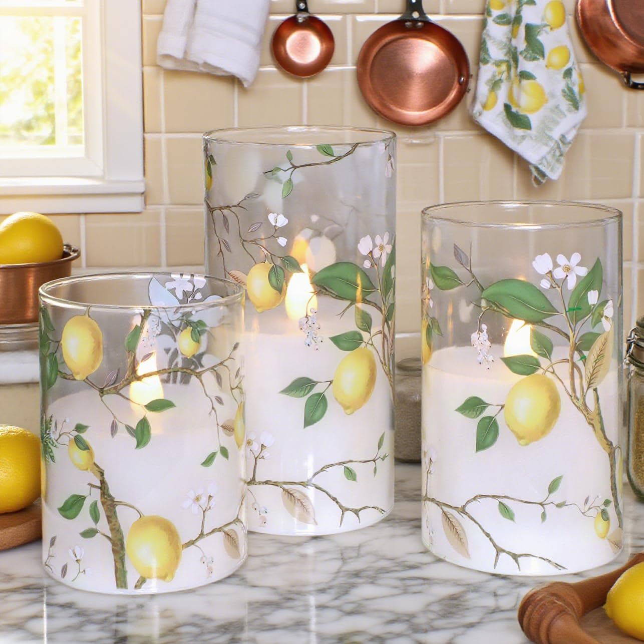 Silverstro Flameless LED Candles with Remote Lemon Decal Glass Flickering Battery Operated Candles for Home Room Party Wedding Holiday Christmas Valentine's Day Decor - Set of 3