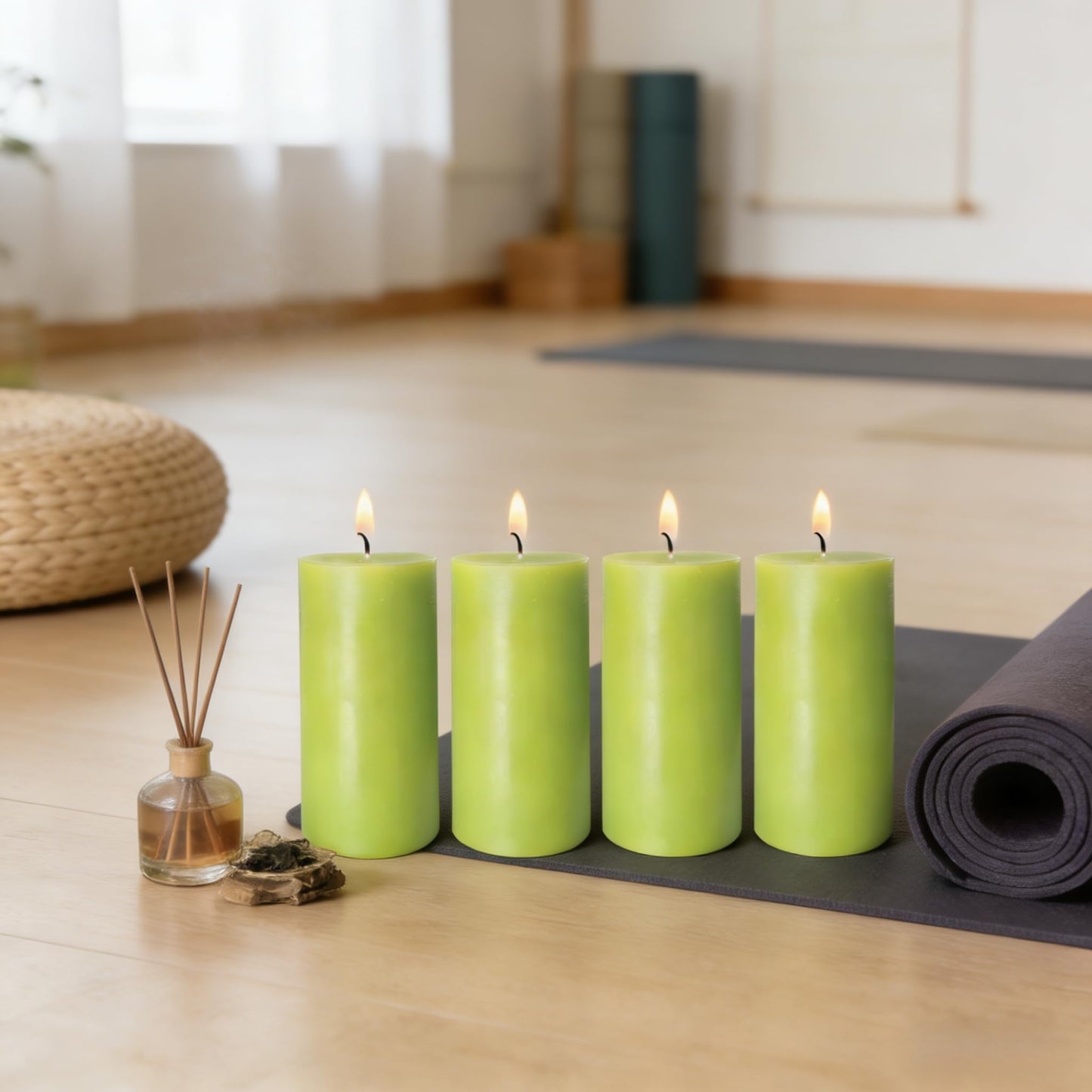 4 Pack Apple Green Pillar Candles, 2x4 Inch, Long-Lasting, Dripless and Smokeless Unscented Candles, Ideal for Home Décor, Parties Weddings and Relaxation