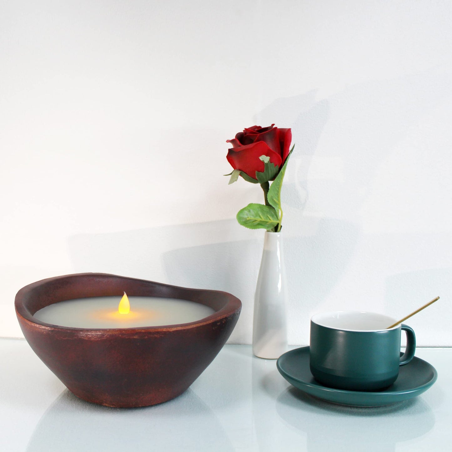 CVHOMEDECO. Farmhouse Wood Bowl Shape Flameless LED Candle, Real Wax in Rustic Treenware Wooden Bowl Flickering Candle Decor with Remote Control, 8.5 x 8.25 Inch Multicolor
