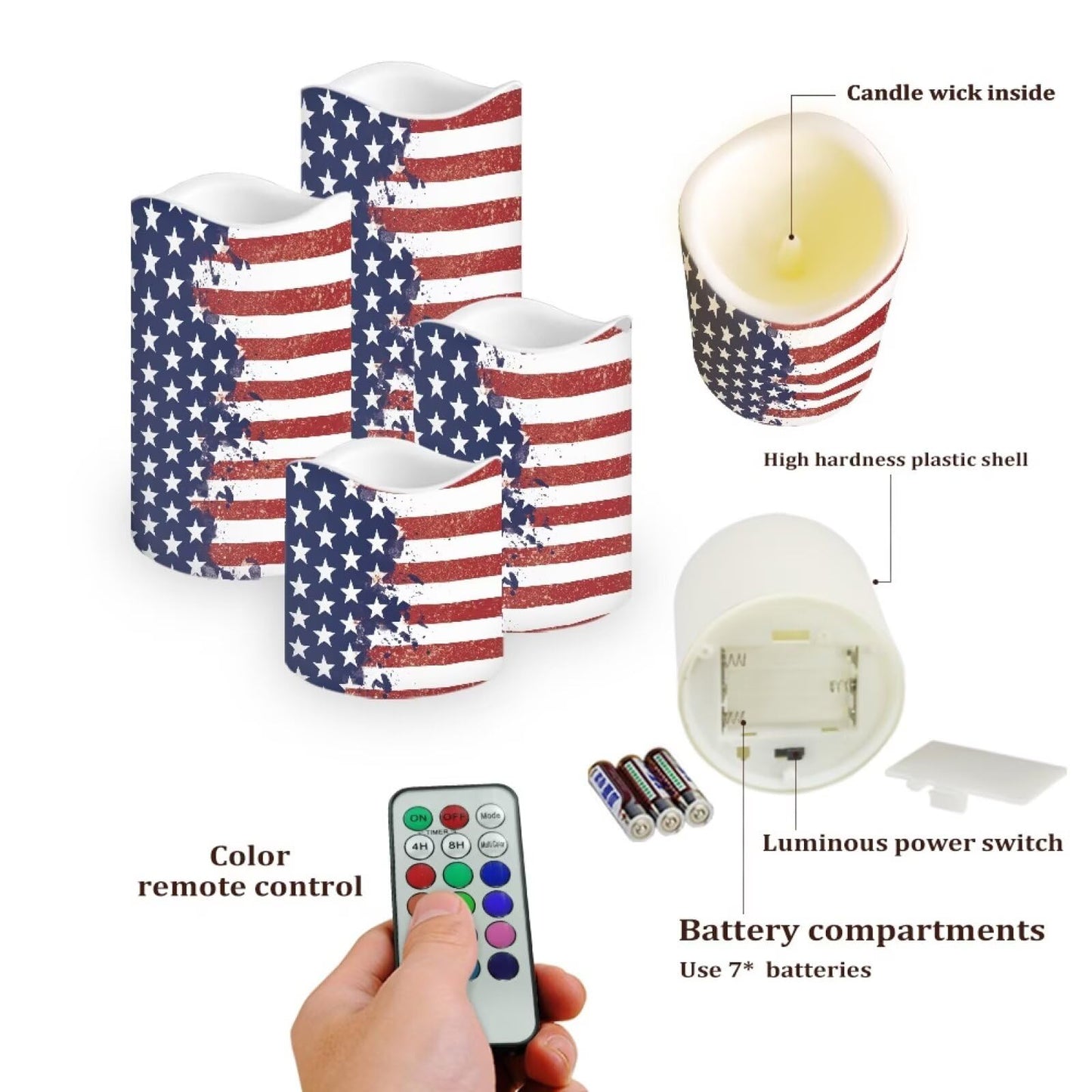Uorisanigo Stars and Stripes Plastic Flameless Candles with Remote Control and Timer LED Flickering Battery Operated Color Changing Electric Pillar Candles USA Patriotic Design