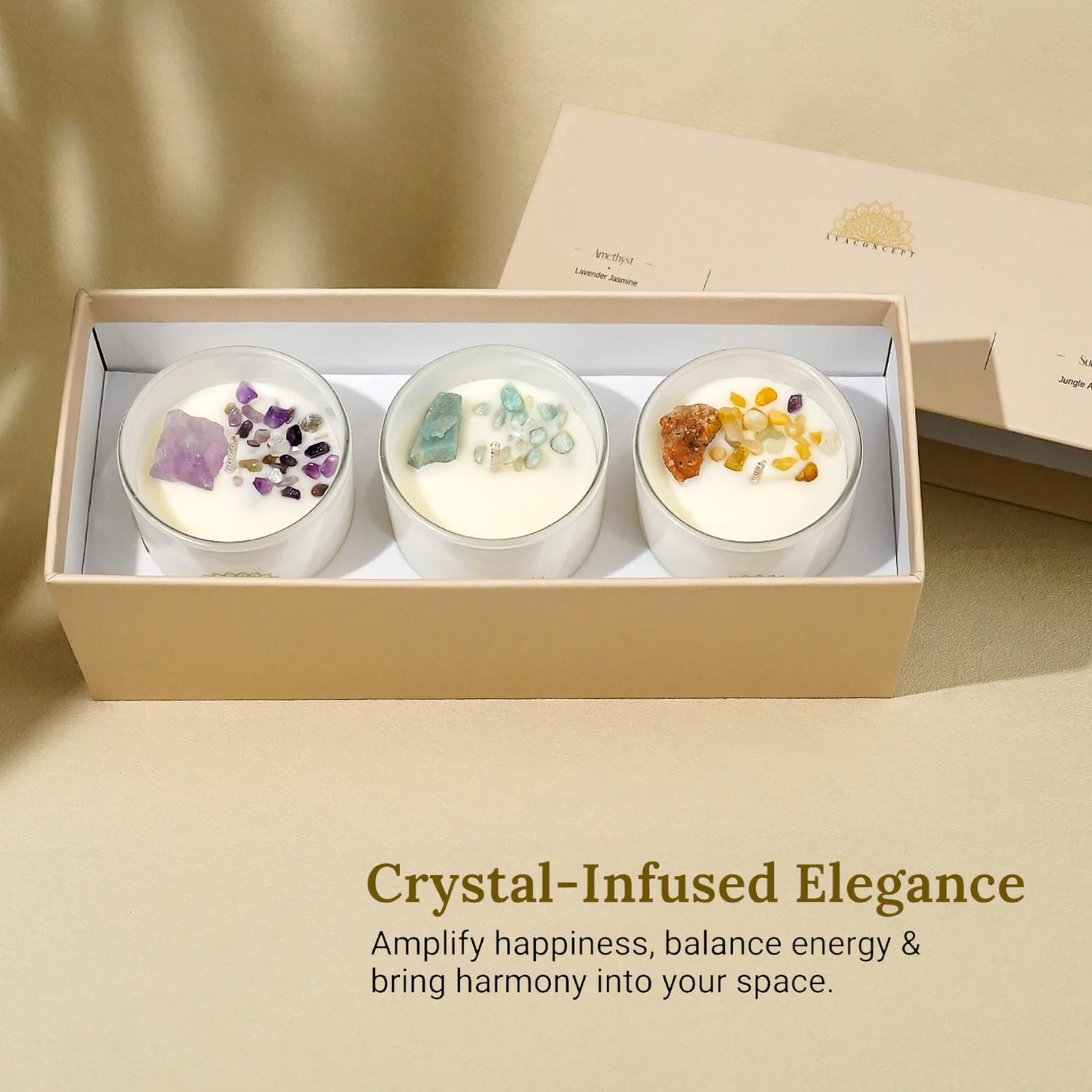 AvaConcept Healing Crystal Candle Gift Set – Set of 3 Amethyst, Amazonite & Sunstone Hand-Poured Soy Wax Lavender Jasmine, Coastal Breeze & Jungle Attachment Aromatherapy 3.5oz Each | Premium Gift Box