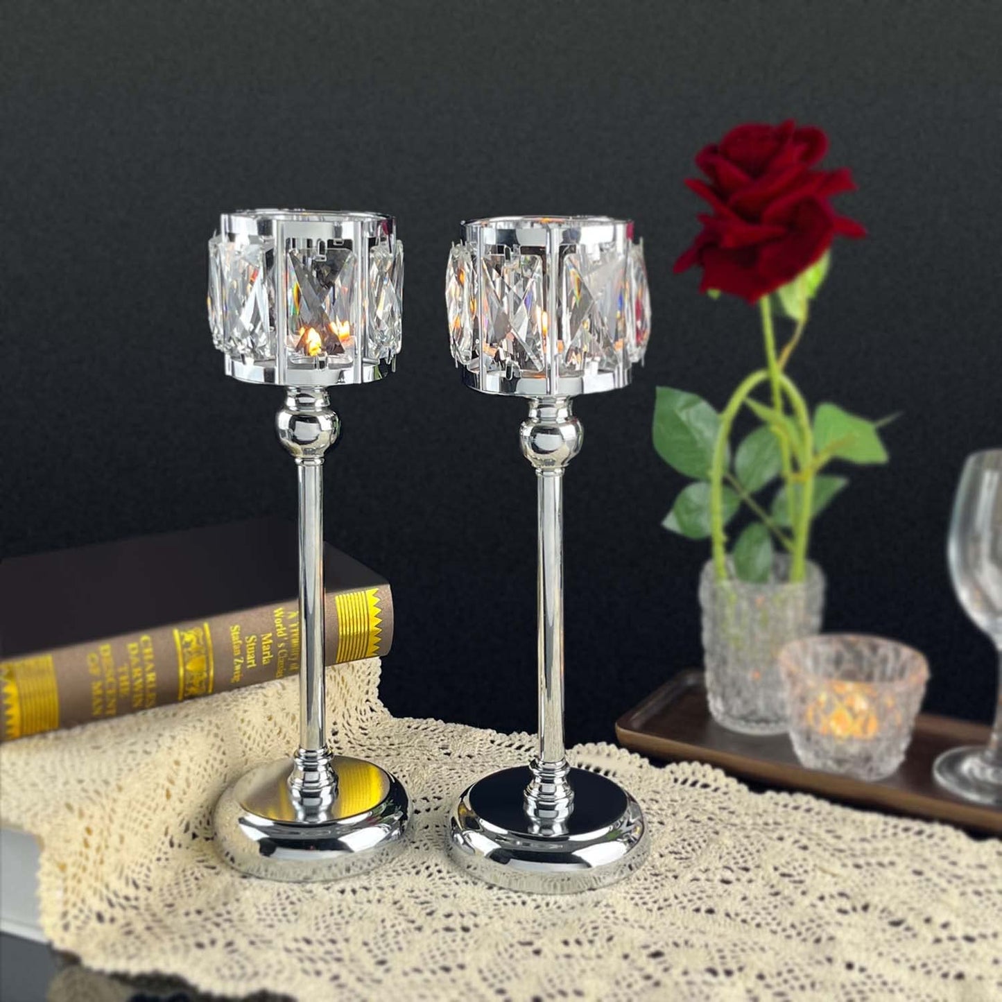 2 Pcs Crystal Bowl Tealight Candelabra Votive Candle Stand, Wedding centerpieces for Tables Crystal Candlestick，Centerpiece Table Decorations (Silver 2PCS)