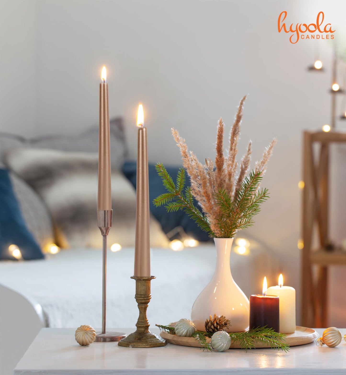 Hyoola 12 Pack Tall Metallic Taper Candles - 10 Inch Copper Metallic, Dripless, Unscented Dinner Candle - Paraffin Wax with Cotton Wicks