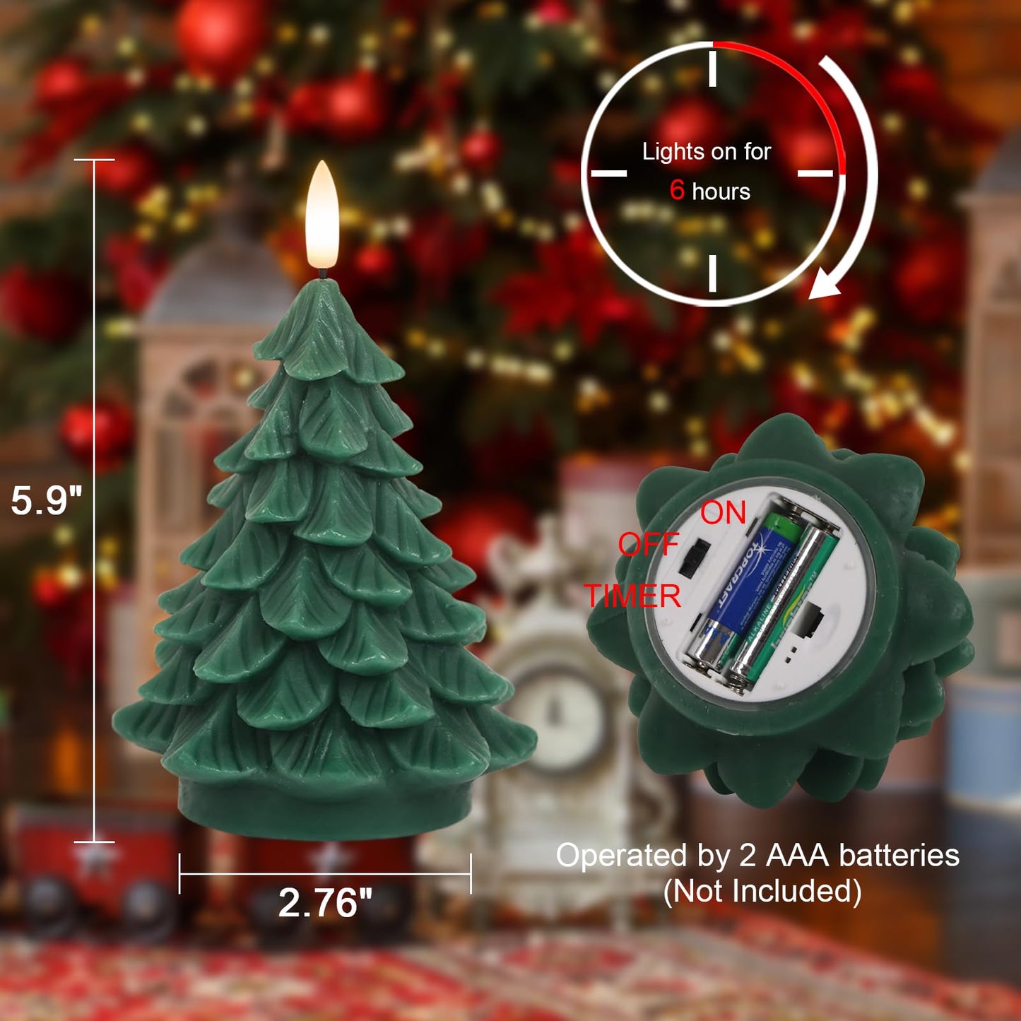 Lasumora Christmas Tree Shaped LED Candles with 6H Timer, 2 Pcs Flameless Pillar Candles Flickering, Battery Operated LED Candle with 3D Flame Wick, Green Candles for Home Décor Christmas Gifts