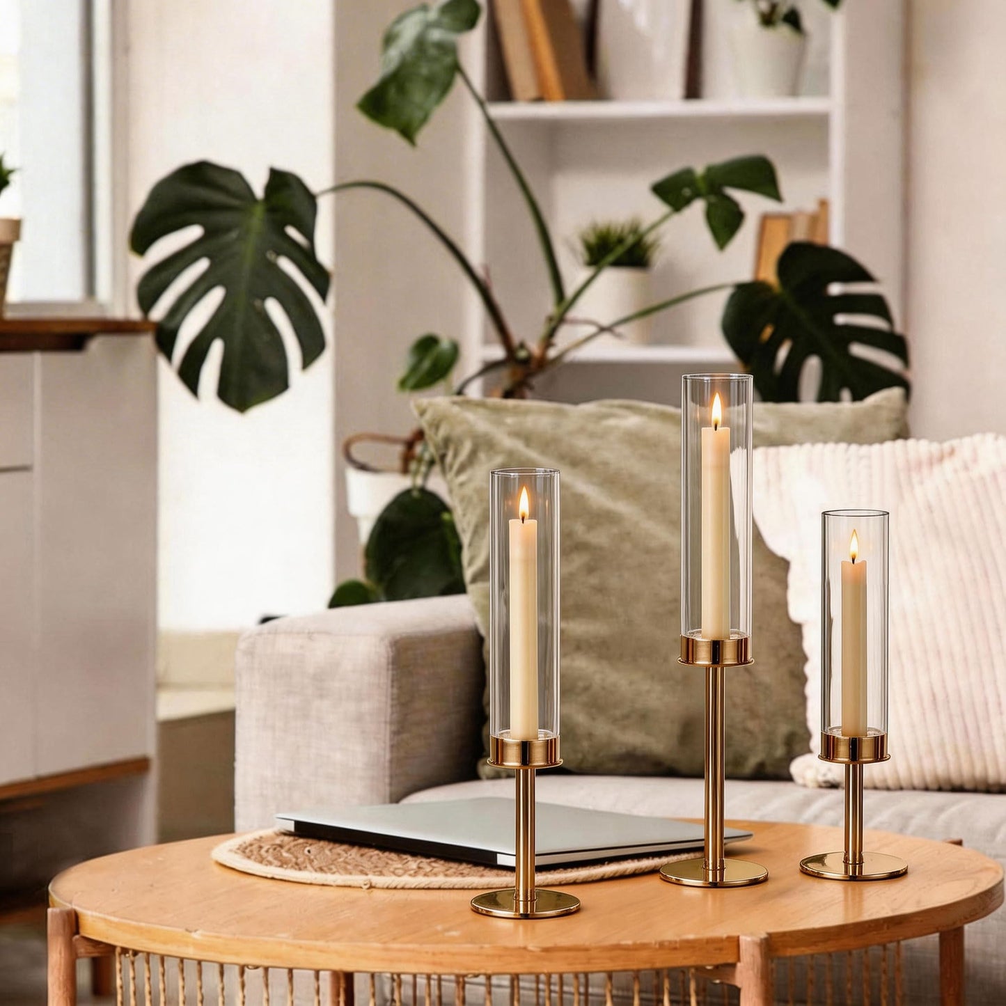 C COMCROSFLY Gold Candle Holders Set of 3, Elegant Glass Hurricane Candlestick Holders for Table Centerpiece, Wedding Decor, Modern Tall Candle Stick Holder for Dining Table, Home Decoration