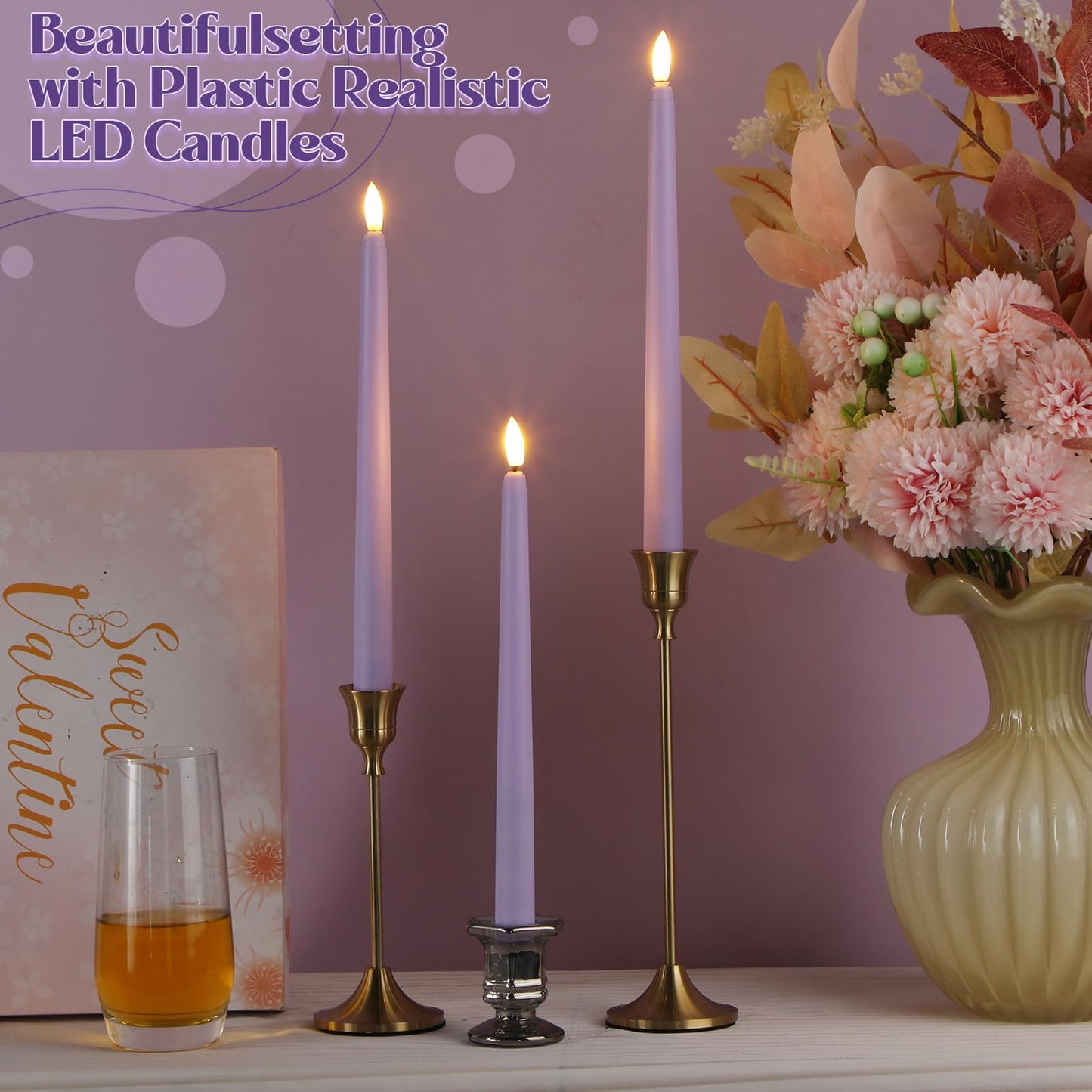 Macarrie 24 Packs Flameless Taper Candles Battery Operated Fake 11 Inch Long Candlelight LED Flameless Candlesticks Flickering Tapered for Spring Summer Wedding(Lavender Purple)