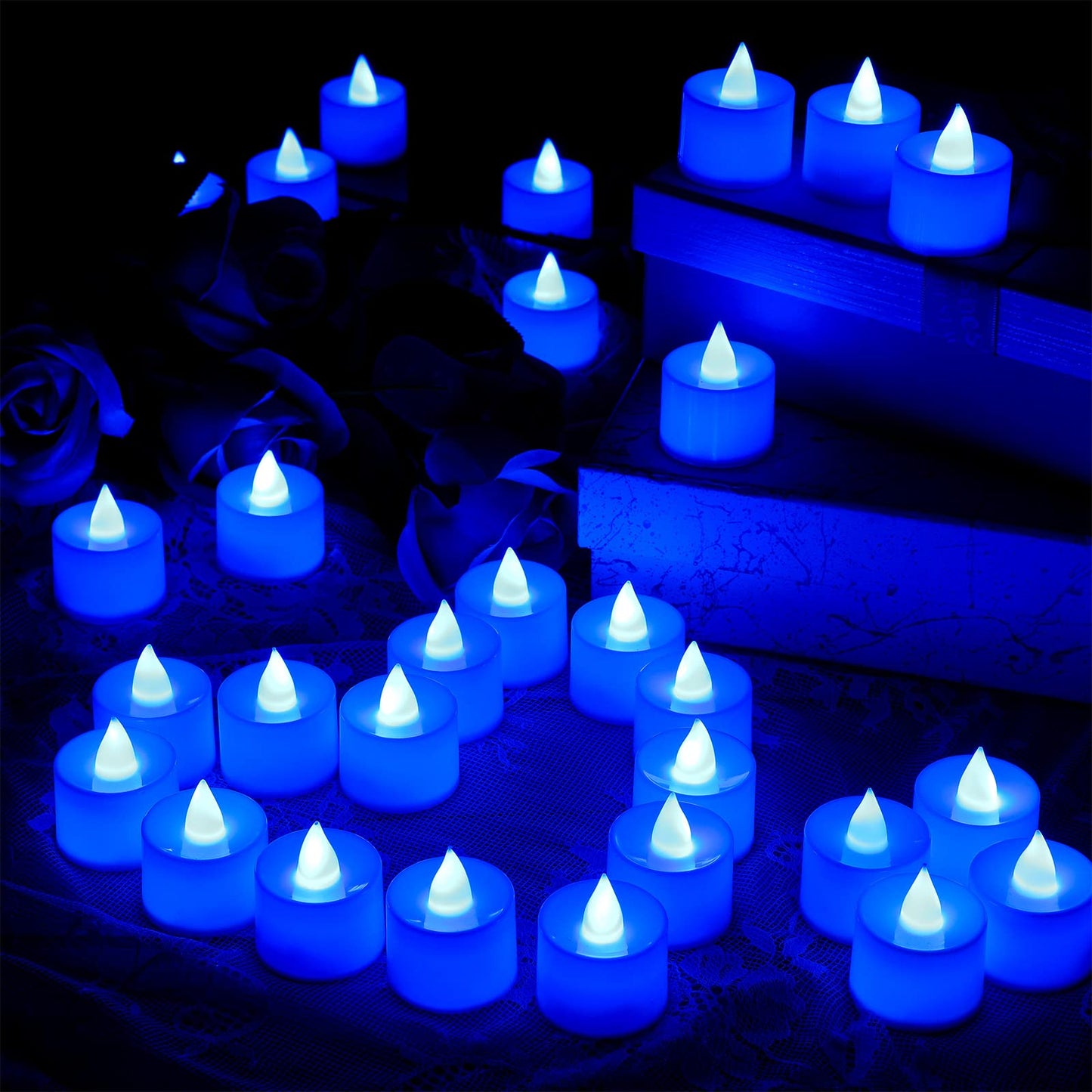 Coume 72 Pack Flameless Tea Light Candle Wedding Flameless Flickering LED Battery Operated Candle for Sweetest Day Anniversary Romantic Night Honeymoon Table Decor(Blue)