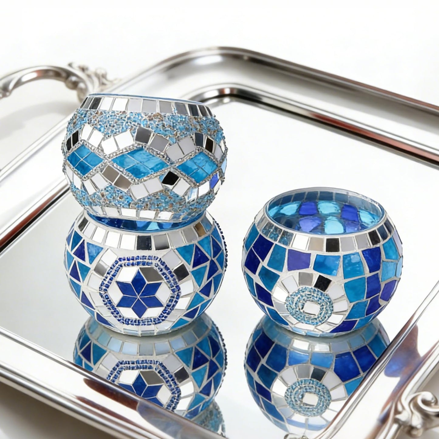 4PCS Mosaic Tealight Candle Holder Set - Blue Mediterranean Glass Votive Candle Holder for Summer Ocean Decor & Diwali Decorationr & Diwali Gift