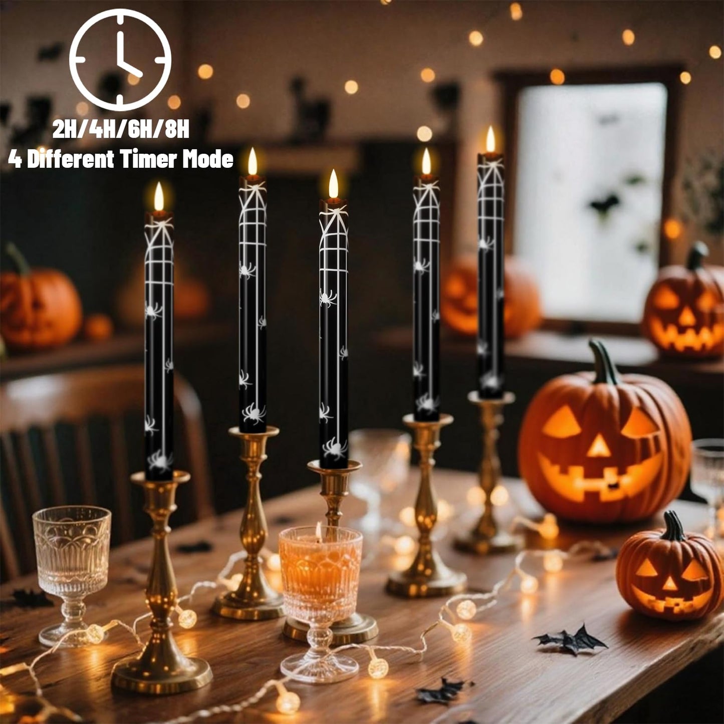 Wondise Black Halloween Flameless Taper Candles with Remote & Timer, Halloween Battery Operated Spider Candles Waxy with 3D Wick Flickering for Halloween Decorations