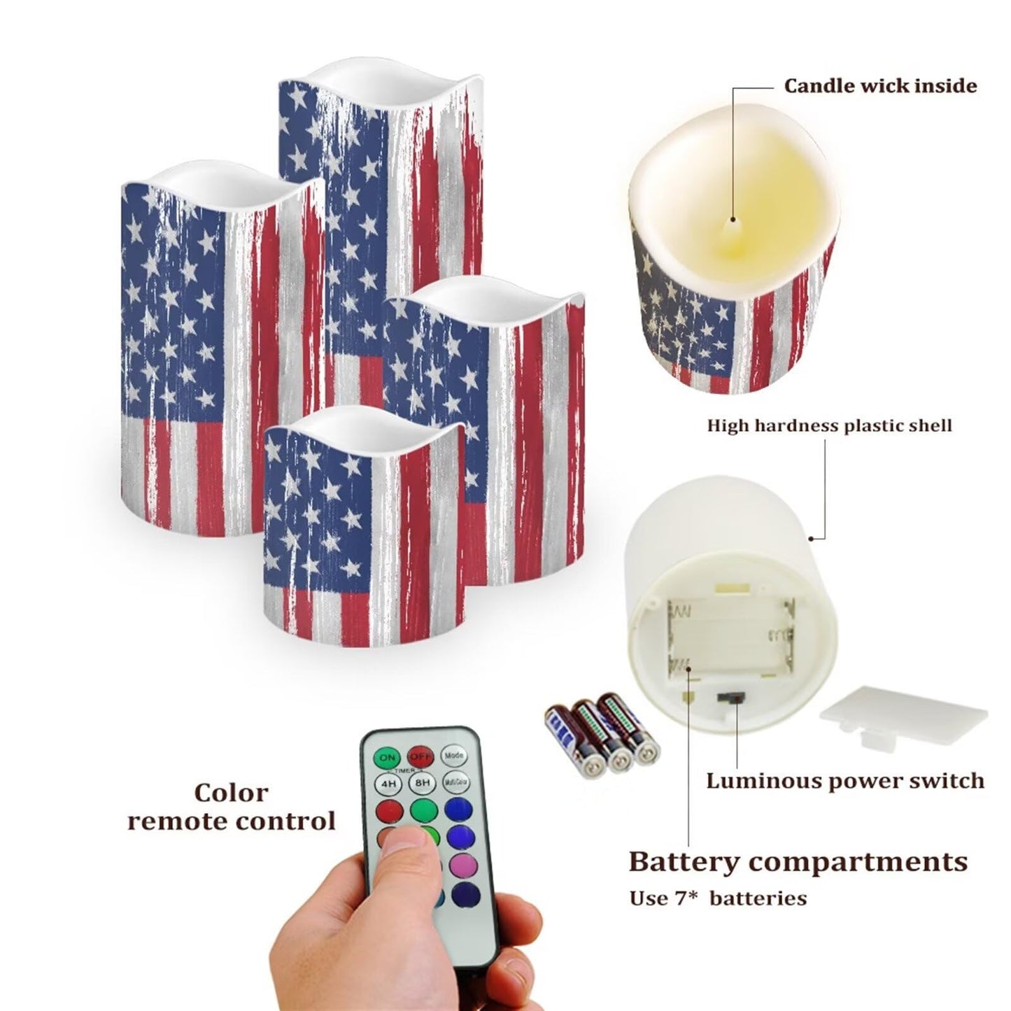 Ystardream American Flag Luminara Candles Battery Operated Candle Blink with Timer, Pillar Embedded Flameless Candle, LED Candle for Wedding Men Women's Gift