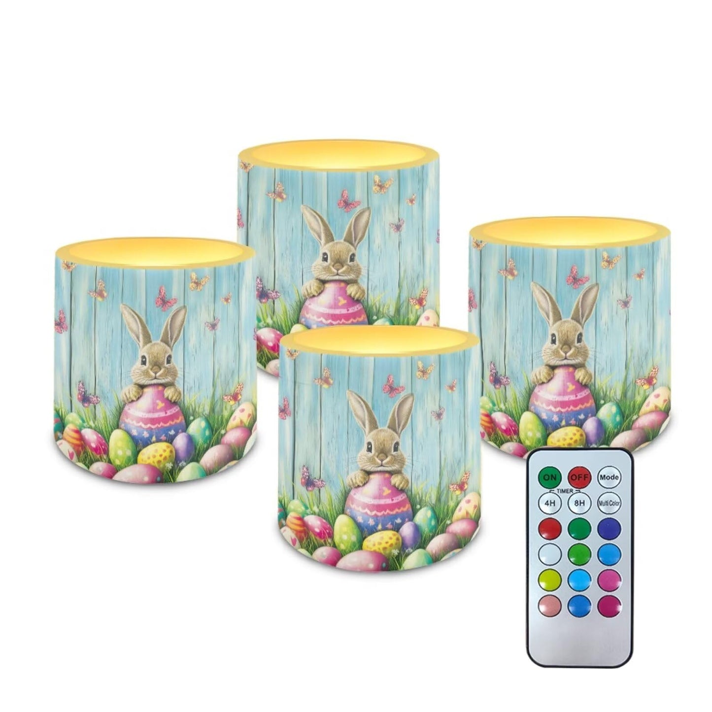 Merkmak 4 Pack Easter Day Flameless Candles with 18-Key Remote Battery Operated Candles with Timer Control LED Pillar Tea Lights for Party Home Decoration, Easter Egg Bunny Butterfly
