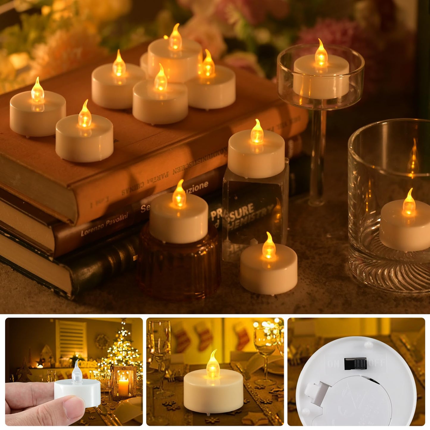 JOSU 12Pcs Flickering Flameless Led Tea Lights Candles Battery Operated, 200+ Hours Fake Electric Candles with Remote Timer, Warmer Lamp White Candlesticks for Home Wedding Party Decor