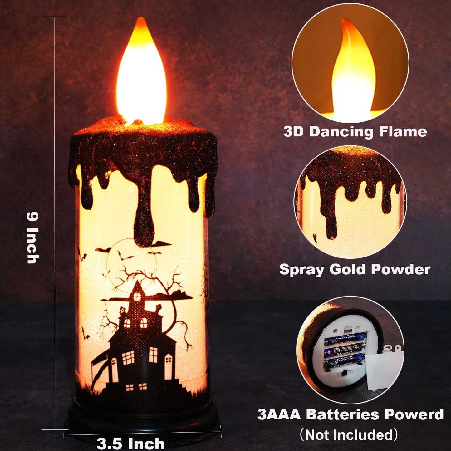 SWEETIME Halloween Snow Globe Candles,Black LED Flameless Battery Operated Pillar Candle,Sparkly Glitter 3D Fire Wick Flickering Flame,Fake Crystal Ghost Decor for Halloween Celebration Party