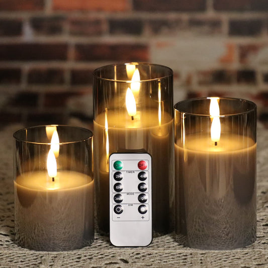 OWLZOO Set of 3 Gray Glass Flameless Candles Battery Operated with Timer and Remote, Flickering Glass LED Pillar Candles Battery Powered, Real Wax, D3 H4 5" 6"
