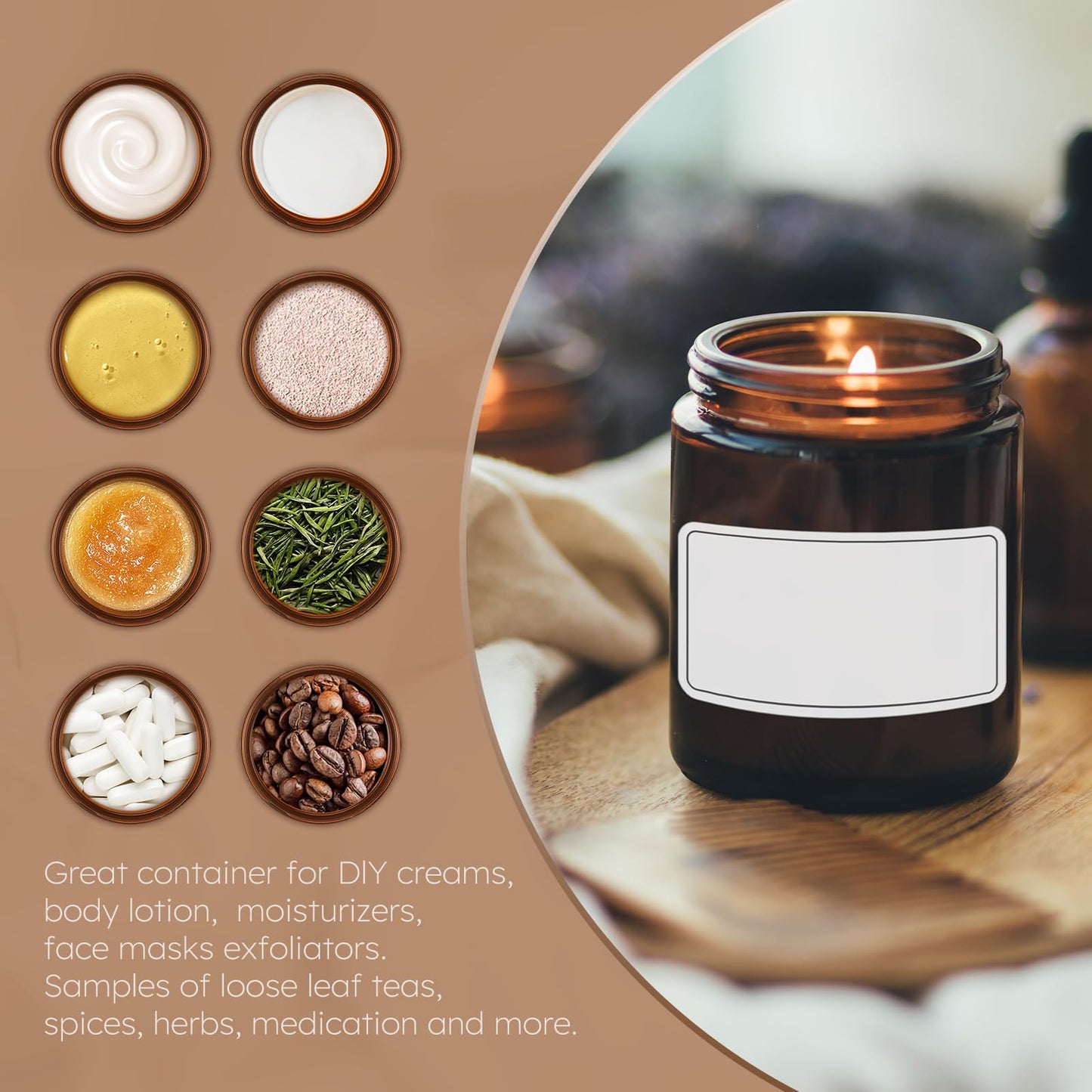 Tecohouse 8oz Glass Jars with Lids, 30 Pcs Amber Candle Jars for Making Candles with White Labels & Inner Liners, Empty Airtight Round Cosmetic Containers for Cream, Spice, Lotion, Ointments, Liquid