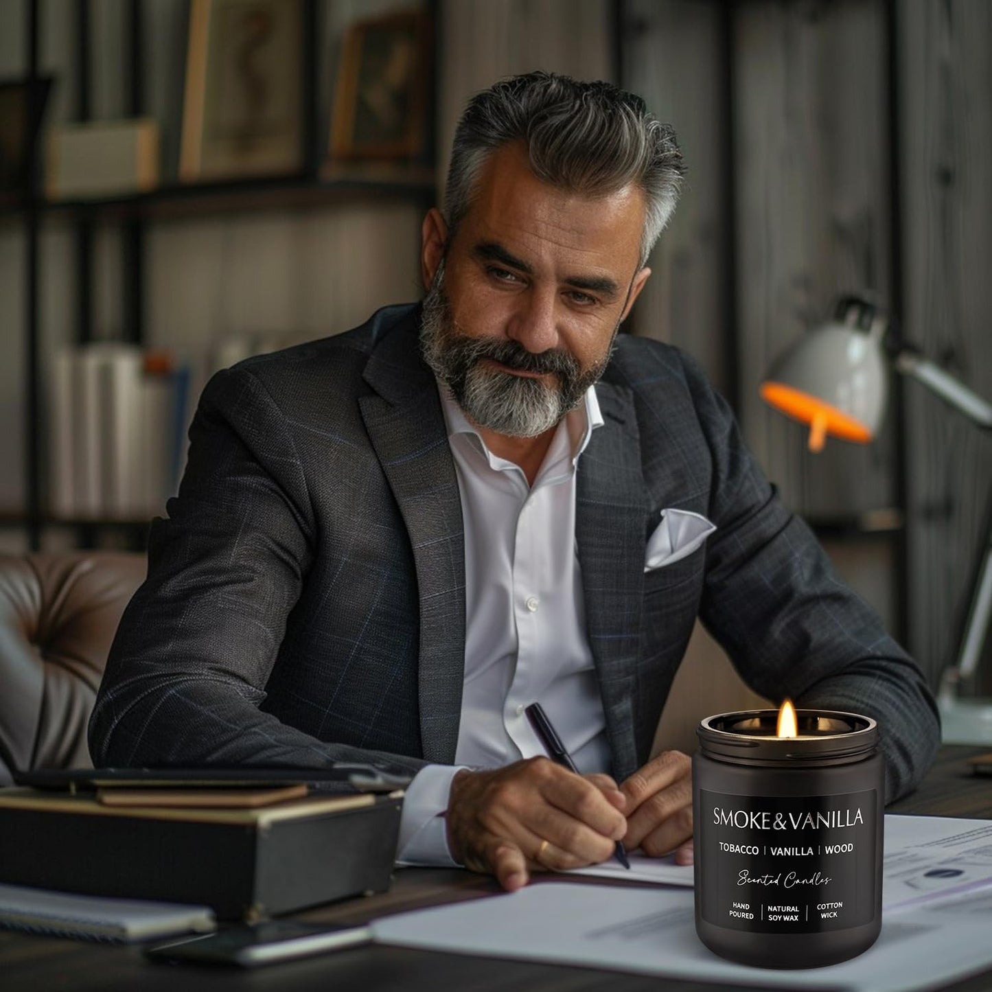 WPONSZU 4Psc Scented Candles Set,7oz Gifts for Men Aromatherapy,Soy Candle of Smokeless - Leather & Smoke, Vanilla Oakmoss, Lavender - Relaxing Fragrance for Home, Office, Yoga(Black)