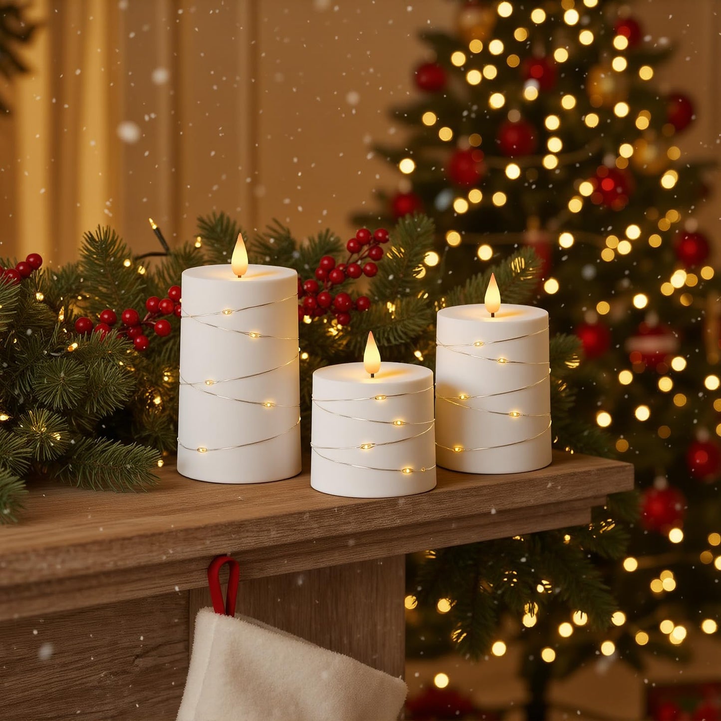 Raycare Flameless Candles with Remote Timer, Flickering Battery Operated LED Pillar Fake Candle with String Lights for Home Decor, Christmas, Wedding and Gift, White, Set of 3