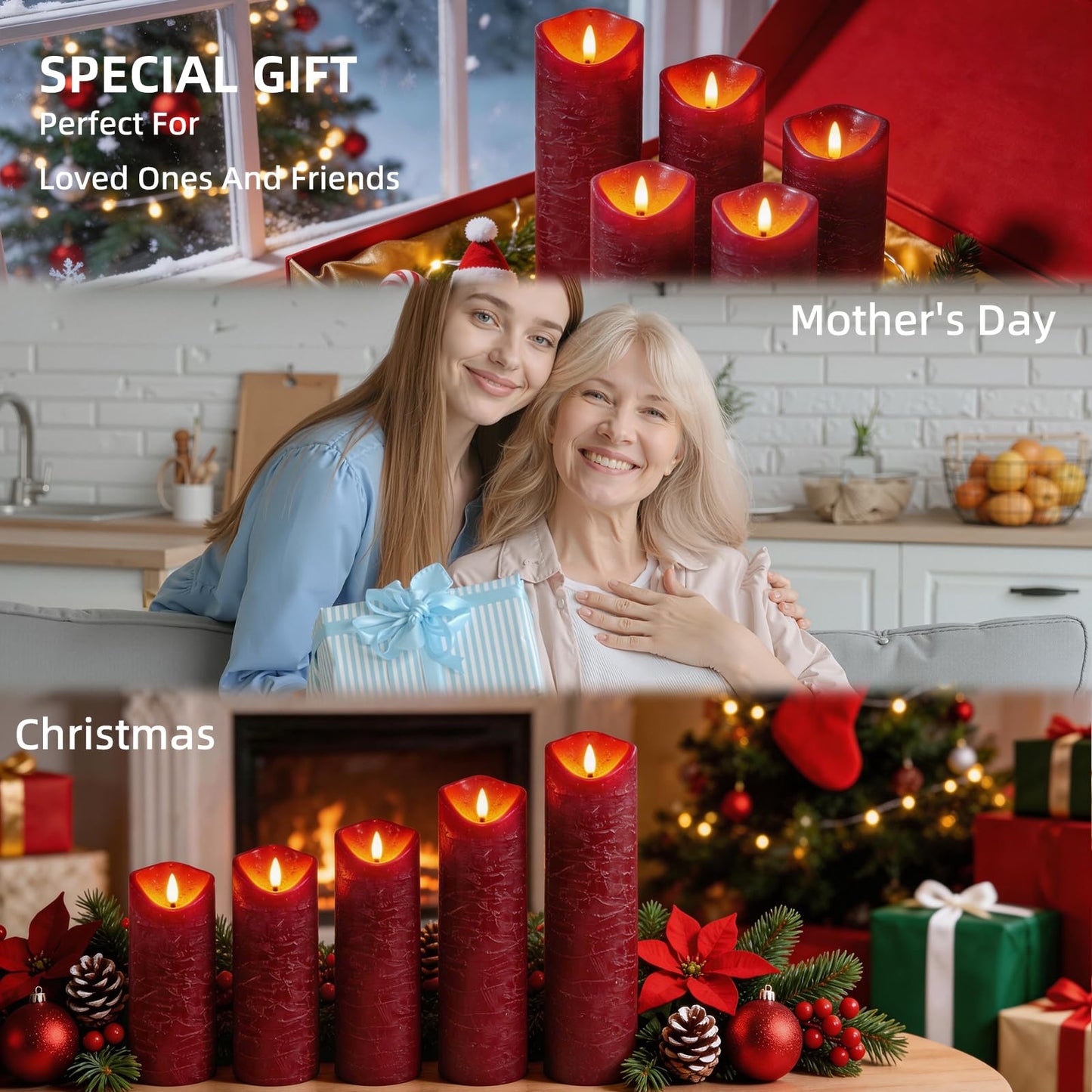 MiKoyi Flameless Pillar Candles with Remote, Battery Operated Candles Real Wax, [5-Pack] Fake LED Flickering flameless Candle with Timer Function for Room Home Decor (2.2" * 5/5.5/6/7/8") - Red